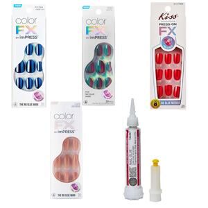 5 pc imPRESS & KISS Color FX Press-On Nails Bundle w/ Beauty Secrets Nail Glue